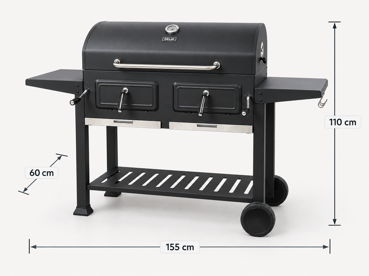 Parrilla Portatil A Carbon Ahumador Delhi Ruedas Termometro Color Negro